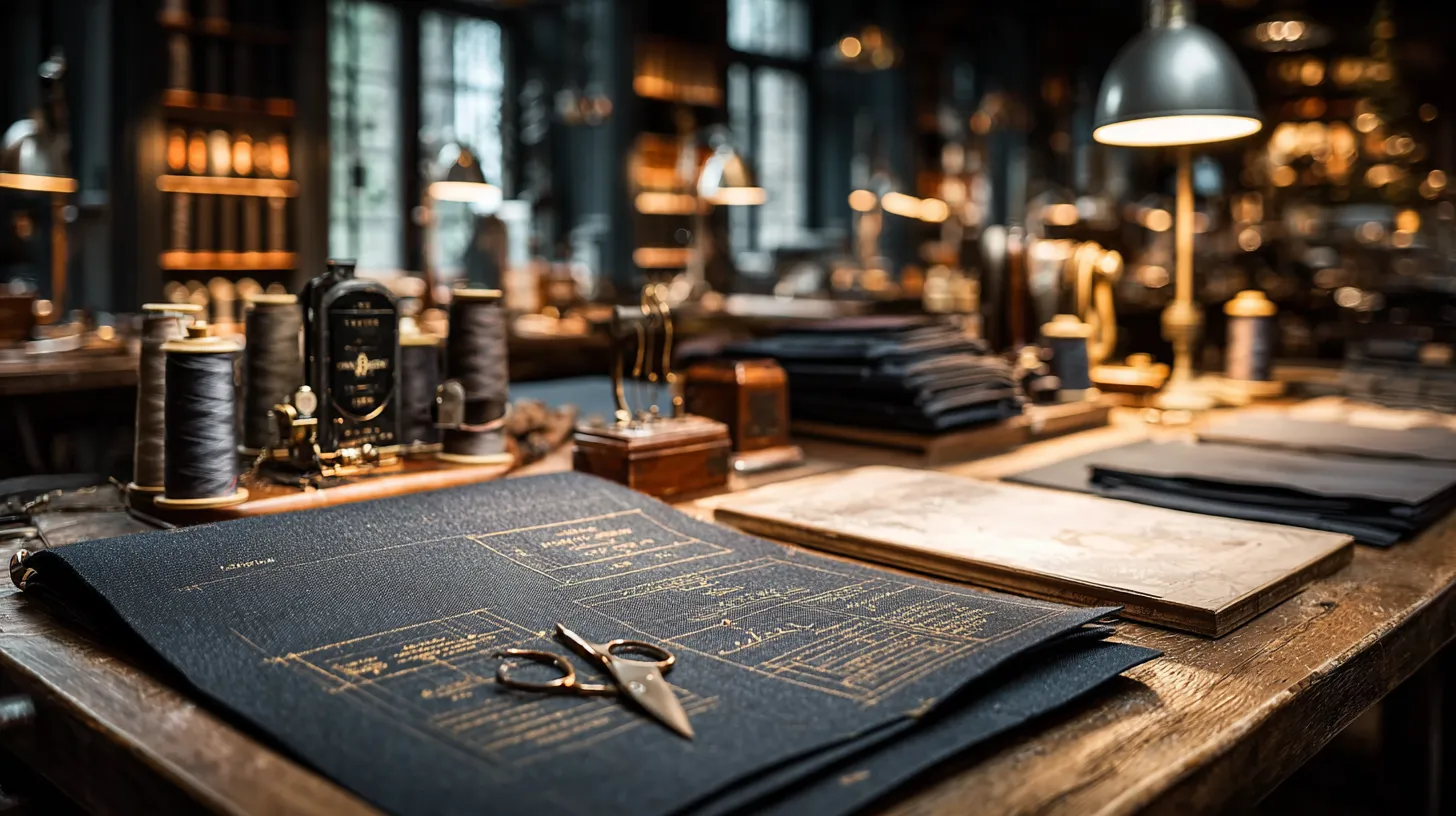 The atelier — pattern drafts, instruments, Prussian Navy cloth