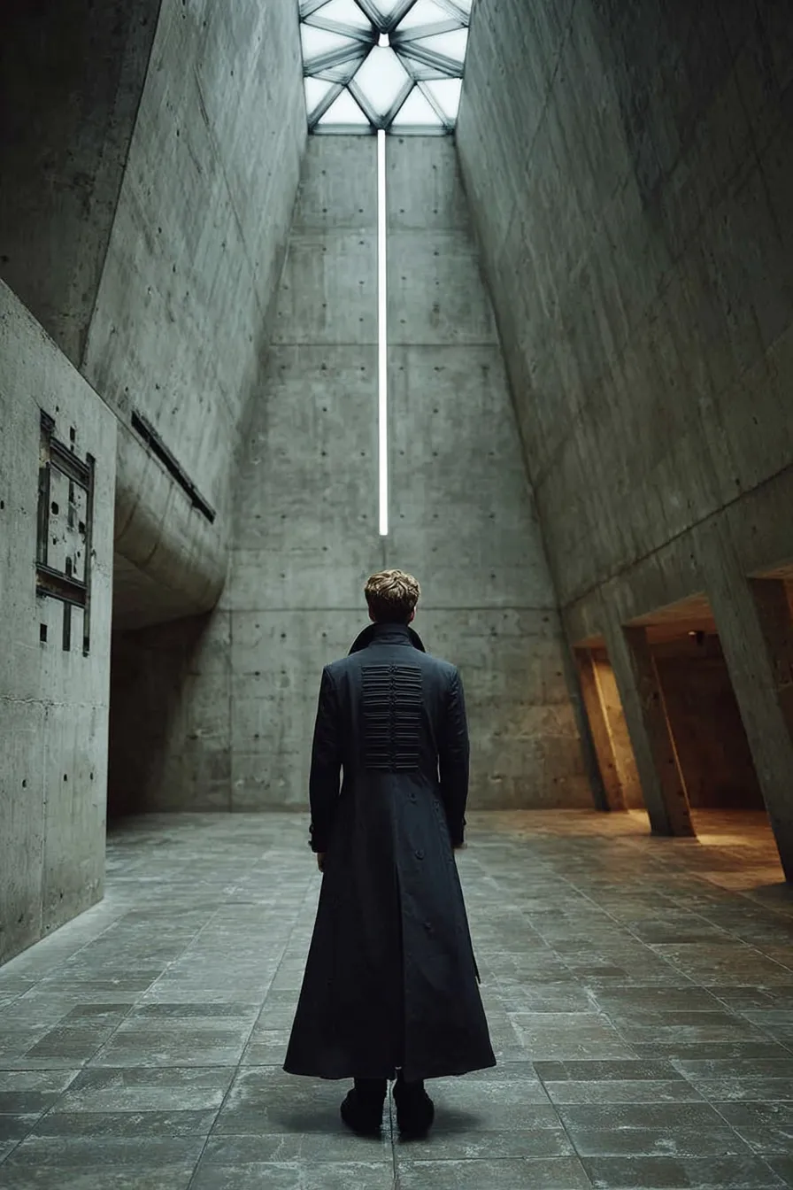 Column II — Asymmetric wrap coat. Extended to mid-thigh. Channel quilting on rear panels. Gothic vault ribs in cloth.