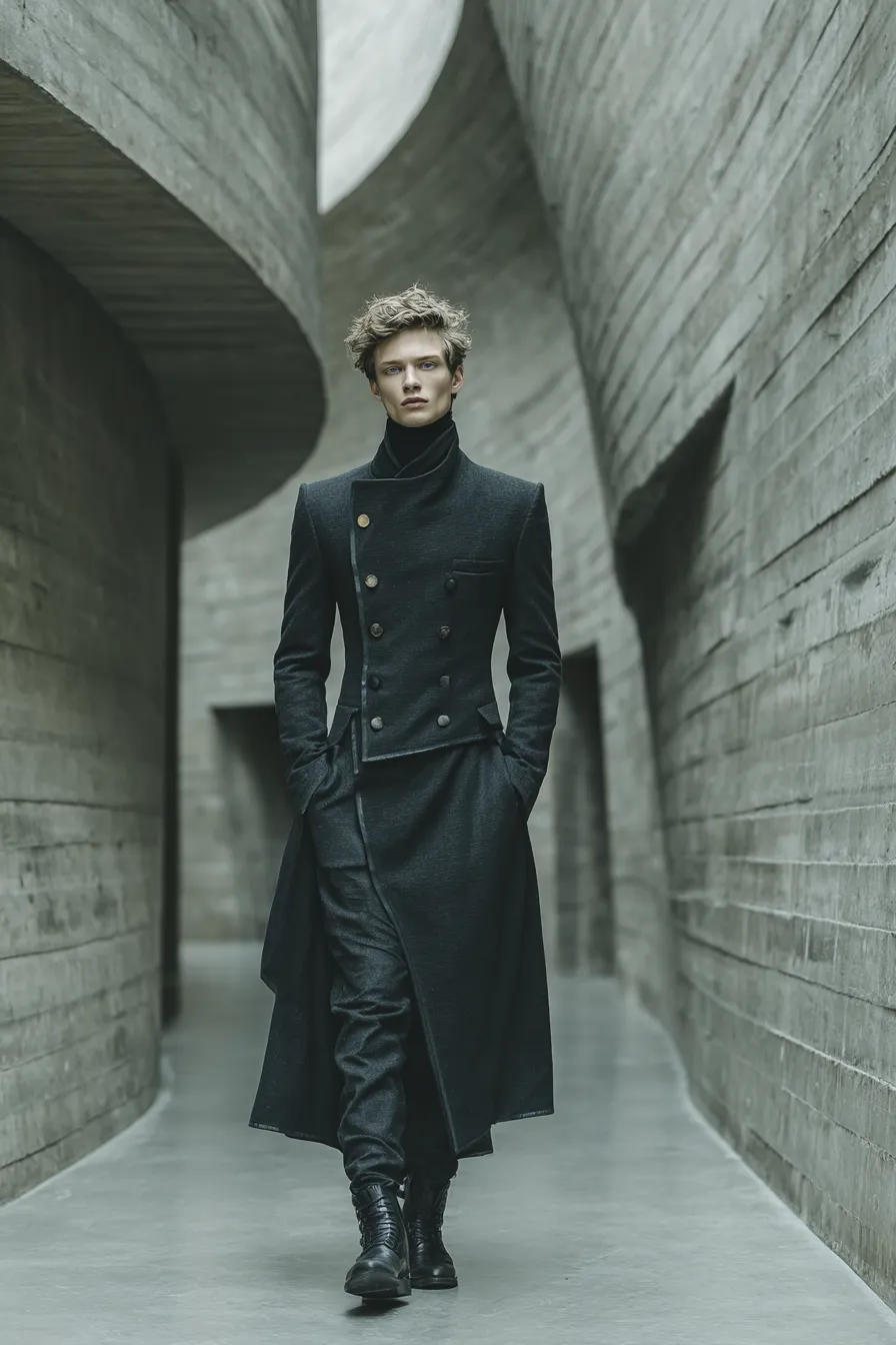 Column I — Fitted jacket. High collar with asymmetric closure and titanium clasp. The body made vertical.