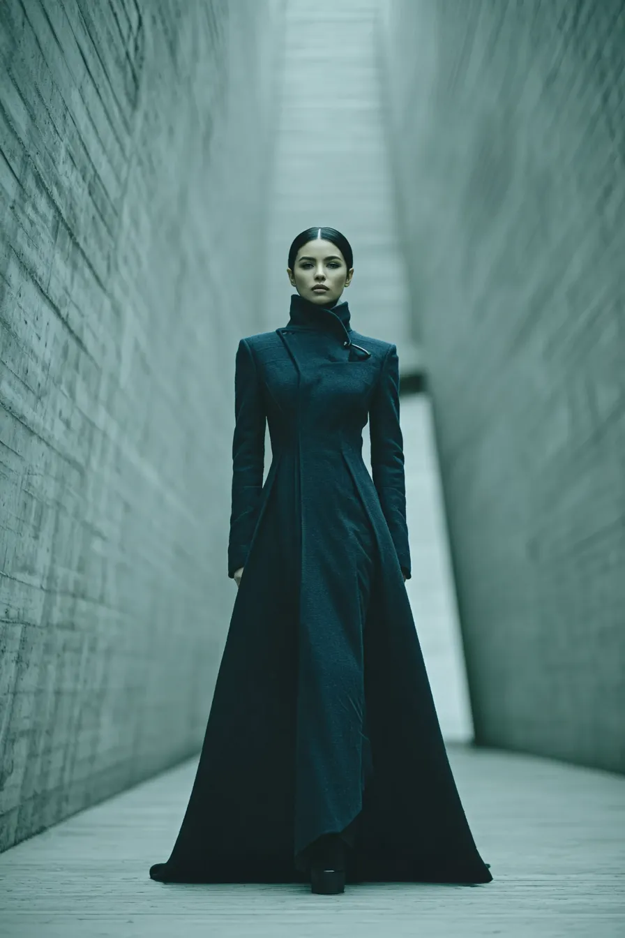 Column III — Floor-length structured coat. Single diagonal closure from throat to left hip. Columnar silhouette to ankle.