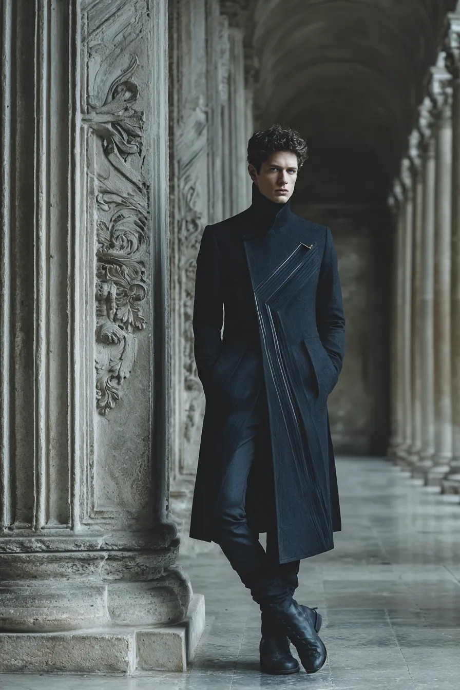 Column IV — Short structured jacket. Asymmetric offset closure with bronze bar clasp. Diagonal front panel division.