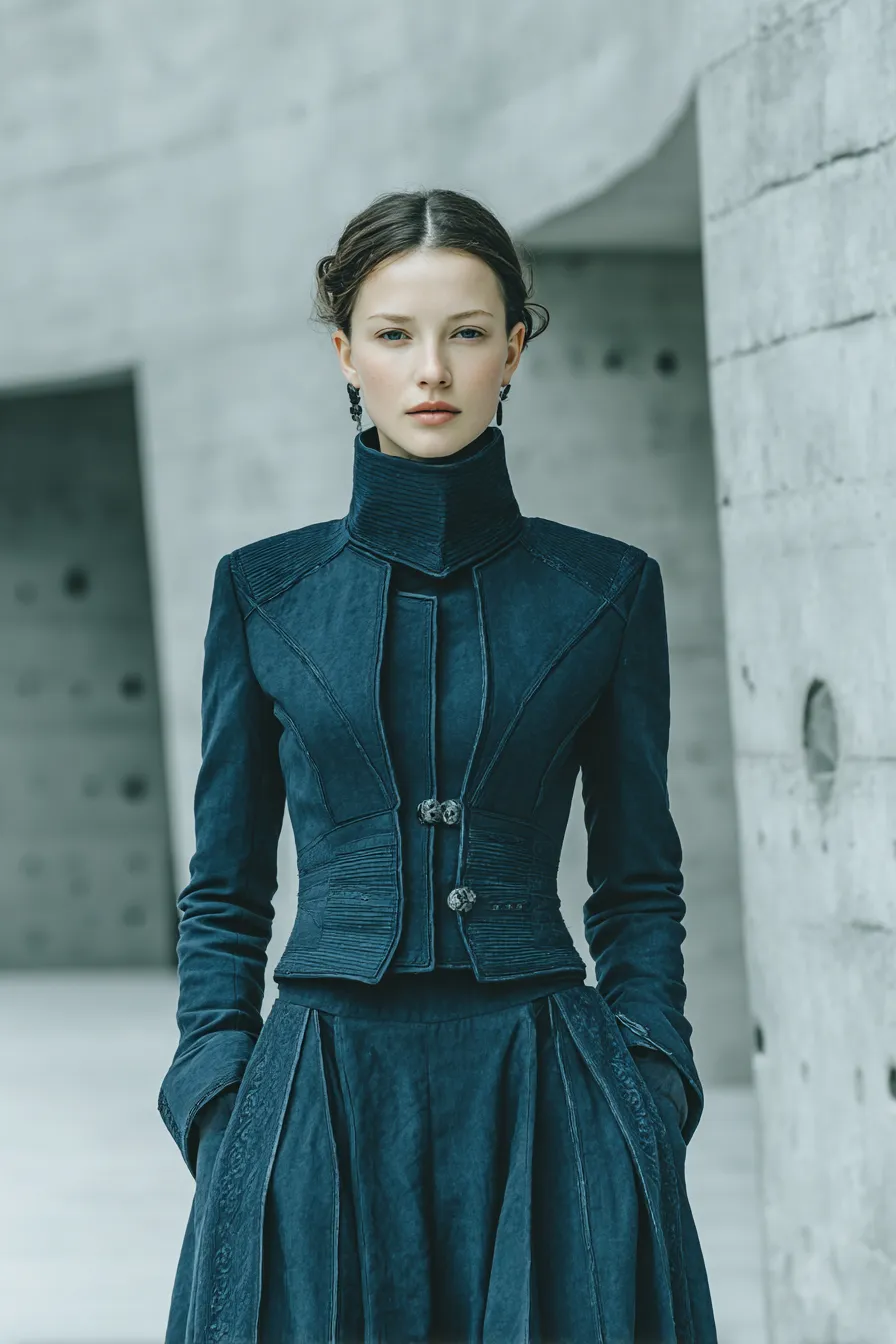 Column V — Cropped architectural jacket. Double-layered collar construction. Curved structural seams from shoulder through waist.
