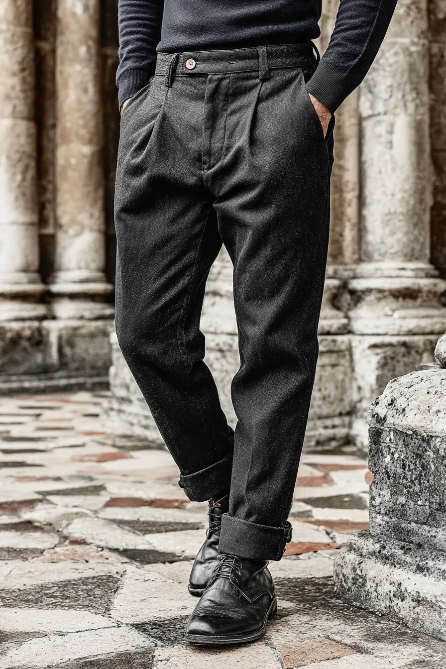 Fundament I — Structured trousers. Clean front crease. Higher rise at natural waist. Concealed closure, integrated waistband.