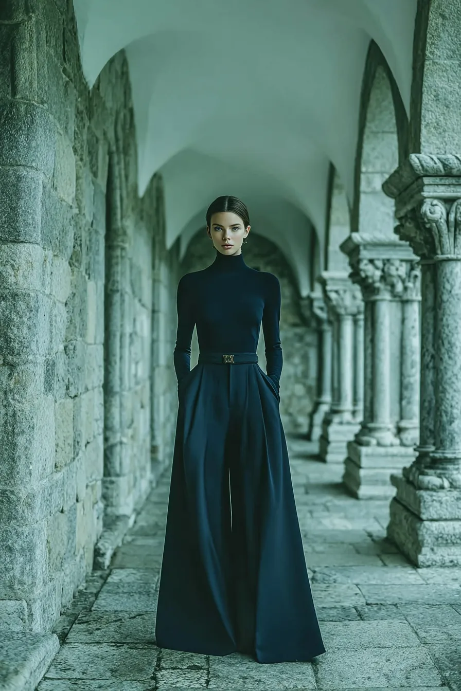 Fundament II — Wide-leg structured trousers. Sharp front creases. Two parallel vertical planes of fabric — architectural, not bohemian.