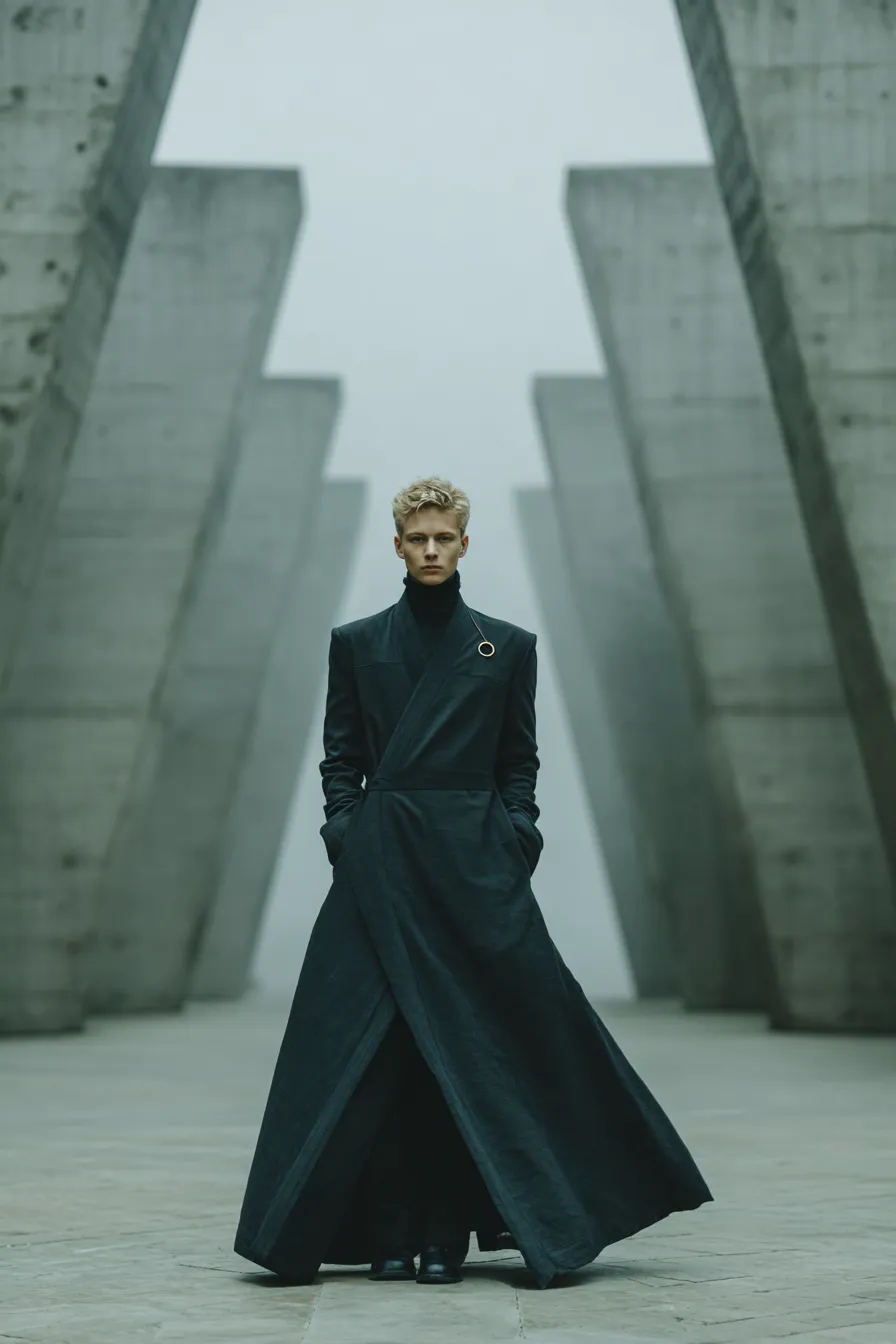 Mantle II — Asymmetric cape-coat. Bronze penannular brooch at collarbone. Diagonal drape. Not silk — engineered weight.