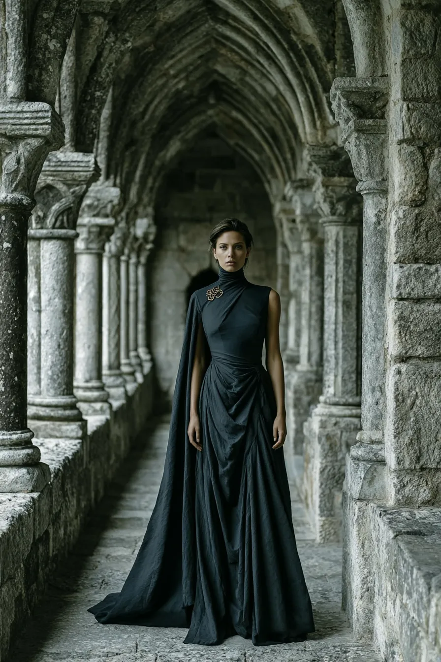 Mantle III — Full-length ceremonial drape. Heavy controlled folds to floor. Every fold placed, nothing casual.