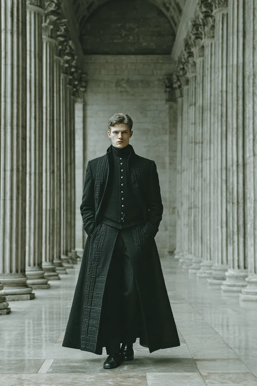 Stele I — Full formal ensemble. Long coat with twin titanium bar clasps. Channel quilting. Columnar silhouette.