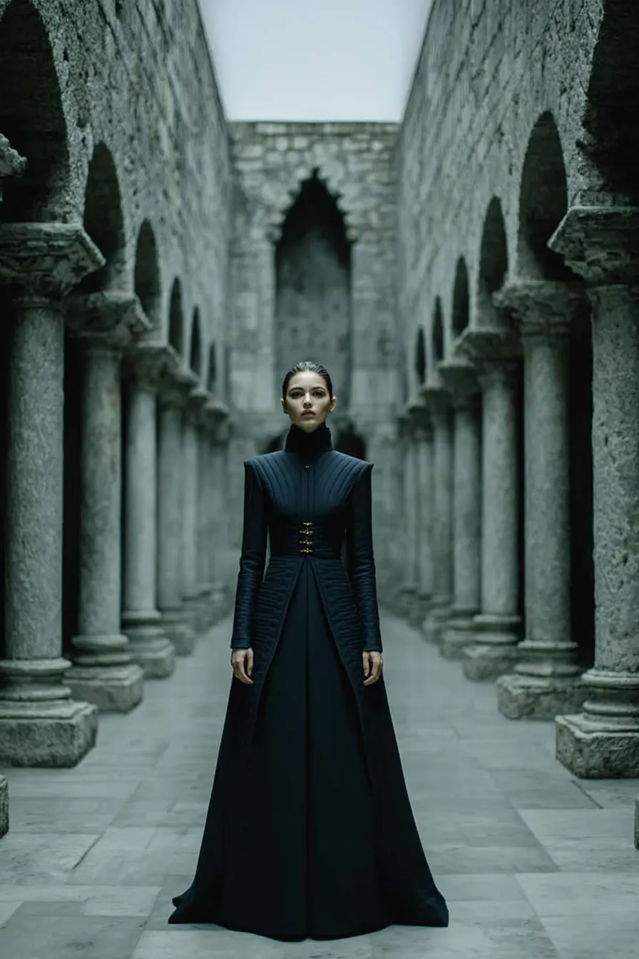 Stele II — Formal column dress. Floor-length, fitted torso, straight fall. The body as a literal column.