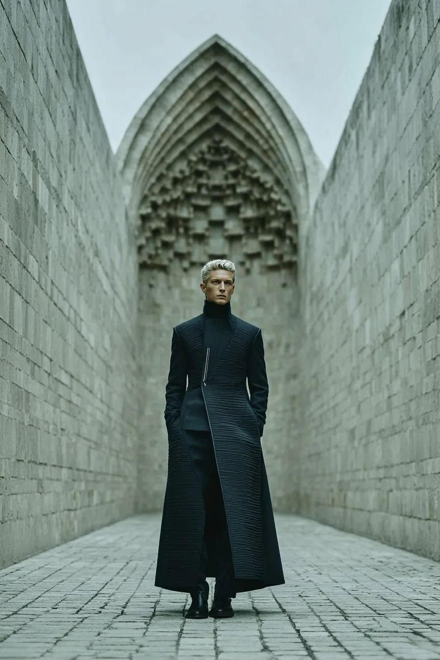 Stele III — Formal long coat with channel quilting. Architectural ribbed texture from waist to hem. Gothic vault ribs in cloth.