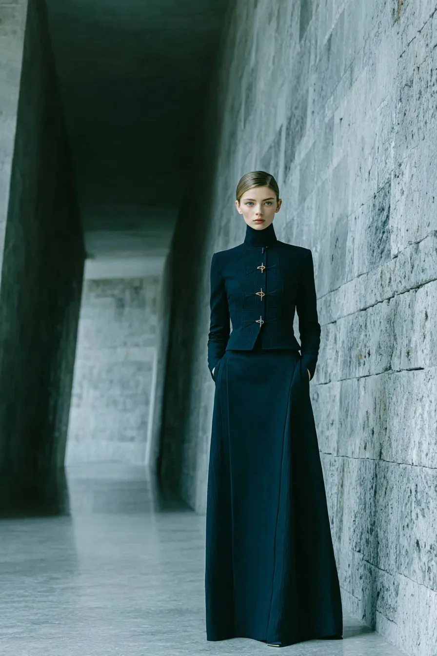 Stele IV — Formal jacket and structured skirt. Unbroken vertical line from collar to floor. The column principle in formal register.